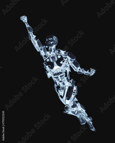 mega cyborg is flying up like a super hero in white background