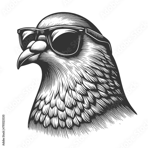pigeon dove bird in stylish sunglasses exuding an aura of coolness and urban chic sketch engraving generative ai fictional character vector illustration. Scratch board imitation. Black and white image