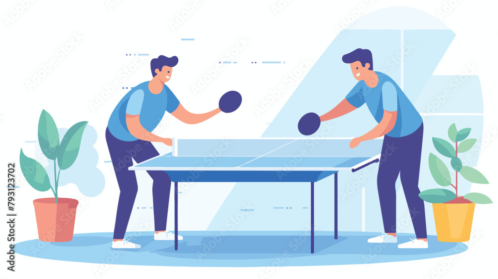 Two friends playing the table tennis. 2d flat carto