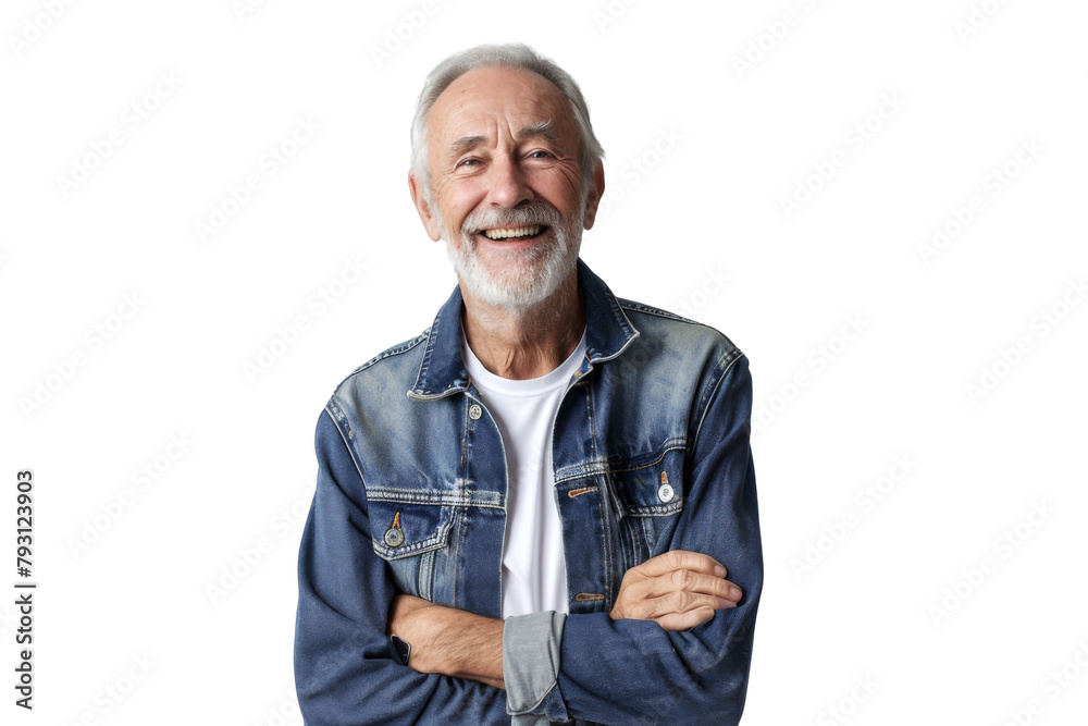 Portrait studio smiling mature man wear jeans jacket and white shirt posing with smart look, isolated on transparent png background. Portrait studio smiling mature man wear jeans jacket and white shirt posing with smart look, isolated on transparent png background.