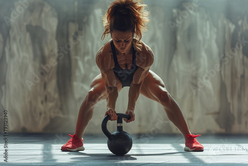 Gym girl doing kettlebell swing, focused expression, athletic figure in skin-tight workout gear, full body portrait photo