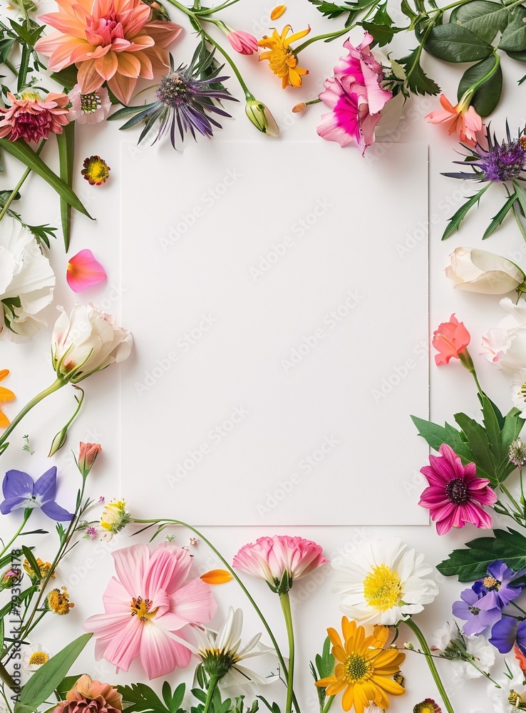 a white square with colorful flowers around it