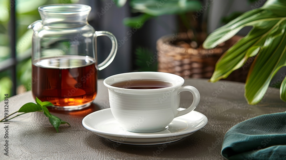 A cup of tea rests on a saucer Nearby, a pitcher of tea and a potted plant sit on the table A cup of tea rests on a saucer Nearby, a pitcher of tea and a potted plant sit on the table