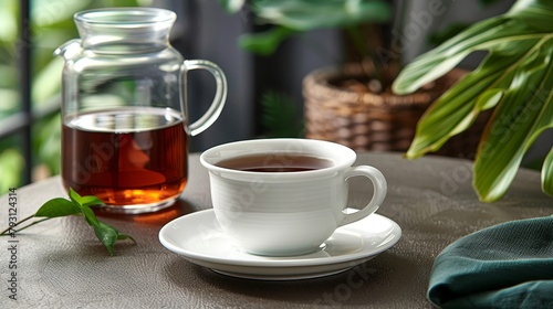  A cup of tea rests on a saucer Nearby, a pitcher of tea and a potted plant sit on the table