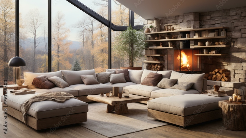 b'A cozy living room with a fireplace and a large sectional sofa'