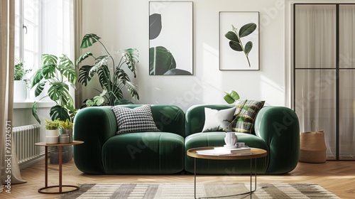 A living room with a green couch, a coffee table, and a potted plant. The room has a modern and cozy feel, with the green couch and the potted plant adding a touch of nature to the space