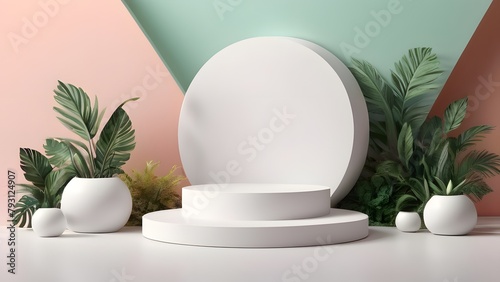 3D Rendered Podium for Product Display, Geometric Minimal Podium, White Theme Vibrant Colors, Plants (2)