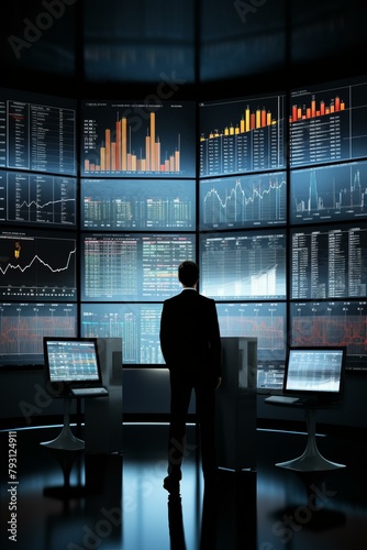 b'Businessman looking at multiple monitors displaying stock market data and graphs in a dark room'