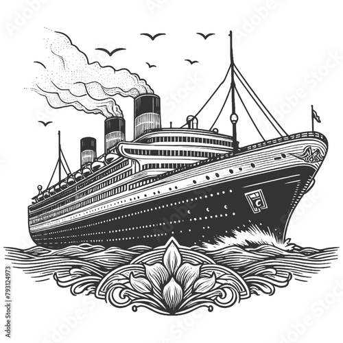 classic vintage ocean liner with smokestacks, surrounded by flying seagulls sketch engraving generative ai vector illustration. Scratch board imitation. Black and white image.