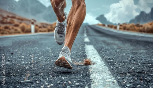 Muscular legs powering through a long distance run photo