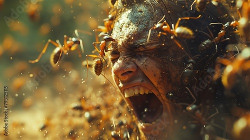 A lot of ants attacked a man who was screaming in pain Closeup photo