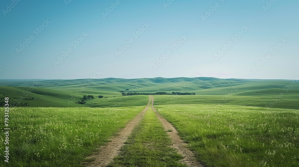 Country road through a lush green field