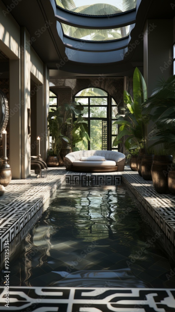 b'Indoor swimming pool with plants and a sofa'