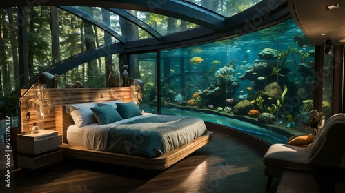 b'Amazing bedroom with huge curved glass aquarium'