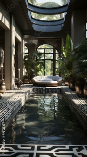 b Indoor swimming pool with plants and a sofa 
