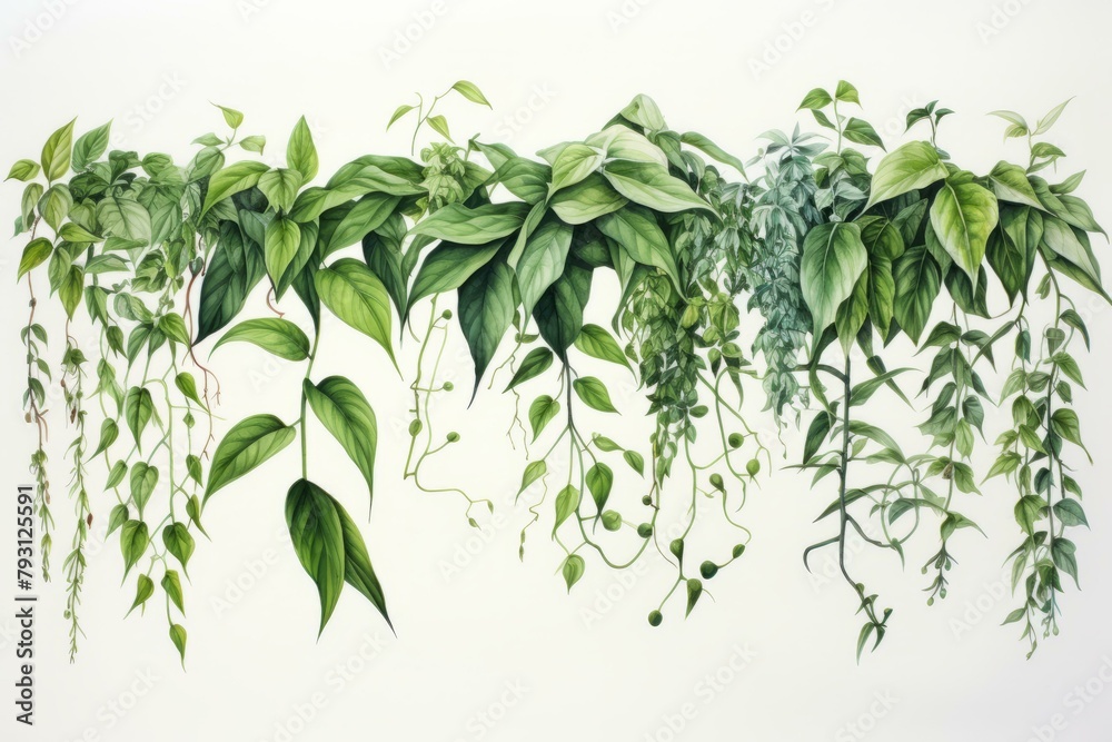 b'A beautiful illustration of a variety of green leaves and vines.' b'A beautiful illustration of a variety of green leaves and vines.'