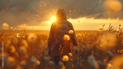 Young man in a field at sunset.