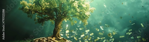 Surreal depiction of a money tree with branches blooming with cash and coins as a metaphor for business profits flourishing photo