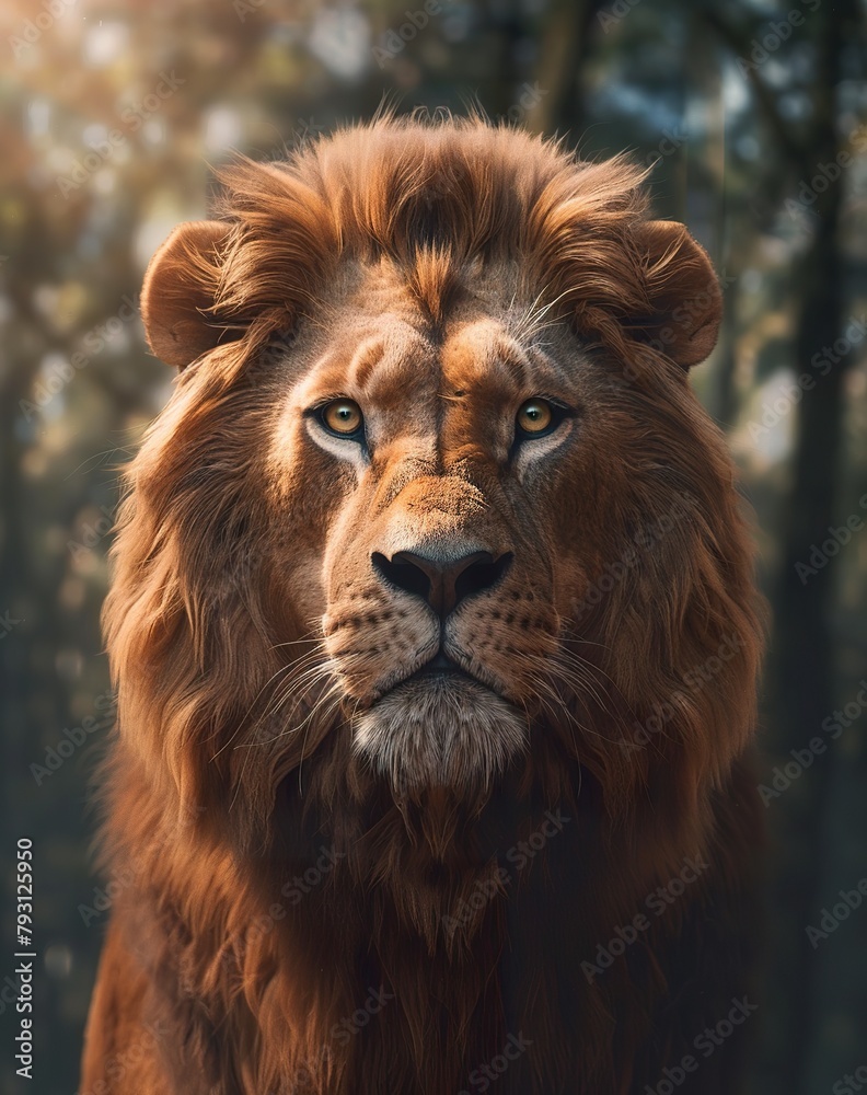 Close-up of a lion in front view revealing the animal's distinct features. Wild lion in calm and serene posture on a blurred dark forest background.