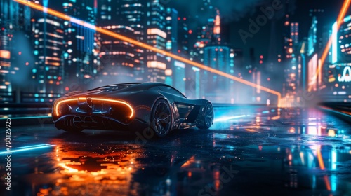 b'A sleek black sports car drives through a futuristic city at night'