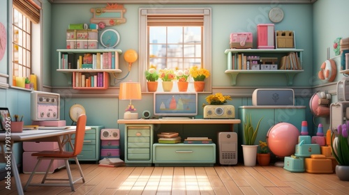 b'A cute and colorful illustration of a home office' photo