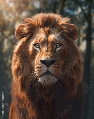 Close-up of a lion in front view revealing the animal s distinct features. Wild lion in calm and serene posture on a blurred dark forest background.