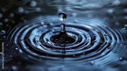  A tight shot of a water droplet hovering above a still pool, encircled by smaller droplets clinging to its underside