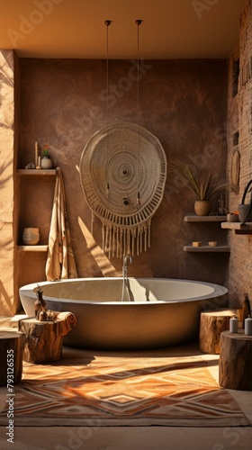 b'Earthy bathroom with woven wall hanging and stone bathtub'