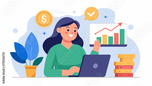A woman happily checking her bank account balance seeing the returns of her longterm investments and financial planning.