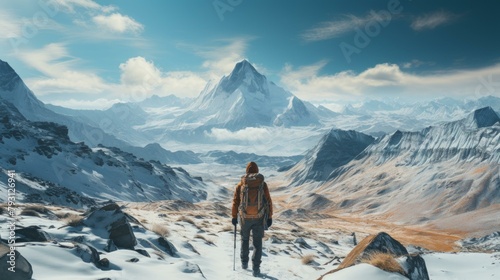b'A lone hiker stands on a mountaintop overlooking a vast\xe9\x9b\xaa\xe5\xb1\xb1\xe9\x9b\xaa\xe5\x9c\xb0 landscape' photo
