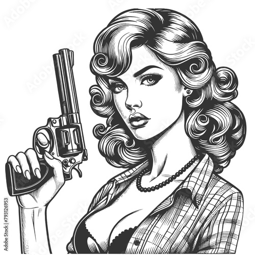 classic noir femme fatale, captivating gaze revolver in hand, sketch engraving generative ai fictional character vector illustration. Scratch board imitation. Black and white image