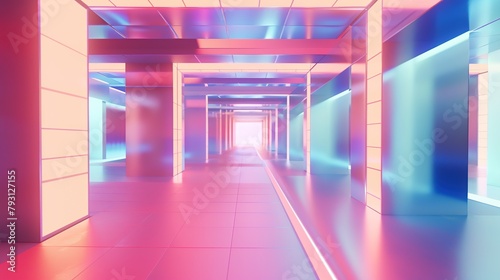 This is a picture of a curved hallway that is lit by a bright light at the end of the hall. The walls and floor of the hallway are all the same color  a light pink.