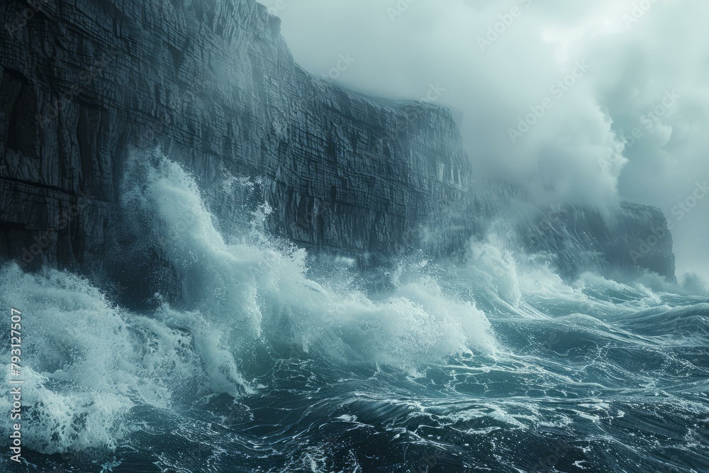 b'Large Sea Waves Crashing Against a Rocky Cliff' b'Large Sea Waves Crashing Against a Rocky Cliff'