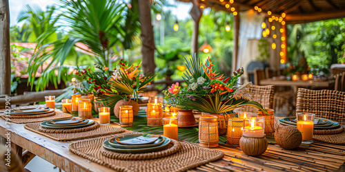 Beautifully set dining table with tropical chic decor under ambient lighting