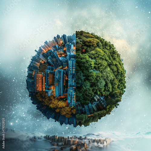Global Sustainability, development. Planet Earth. Industrial vs Nature: Contrast of Urbanization and Forests; Concept of Environmental Balance. Carbon capture, green energy, pollution crisis
