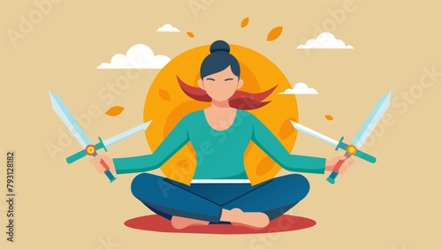 An image of a person practicing breathing techniques and meditation while holding a sword with the message Cultivating Inner Peace and Healing