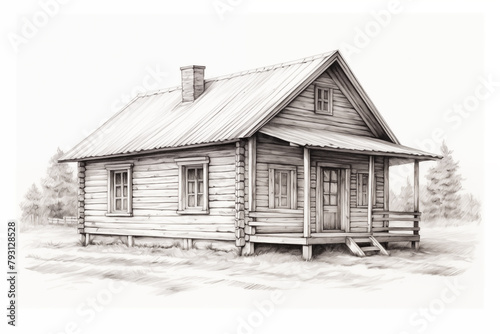 An Illustration of a country house in handdrawn pencle sketch style. photo