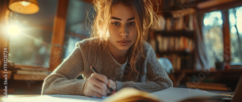 Young woman studying in cozy home library