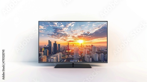 This is an image of a TCL 4-Series 4K UHD Roku Smart TV. It has a picture of a bridge over a river with mountains in the background.