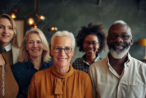 Group of diverse senior people standing together in a row and smiling at the camera