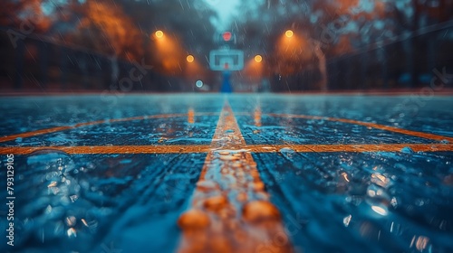 An empty outdoor basketball court soaked with rain, sports background photo