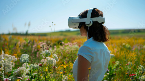 A woman wearing a white shirt and white headphones is standing in a field of flowers. The scene is peaceful and serene, with the woman looking out into the distance