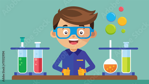 With safety goggles on a boy pours different colored liquids into test tubes watching as they react and change colors creating his own mini