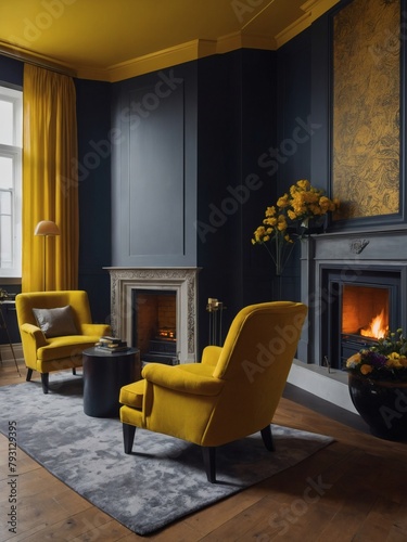 Stylish lounge interior featuring a chic fireplace, inviting armchair, and walls adorned in a vibrant mustard yellow shade.