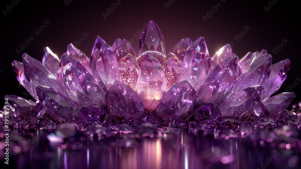 A tight shot of a purple flower with an abundance of crystals at its base and beneath its petals A tight shot of a purple flower with an abundance of crystals at its base and beneath its petals