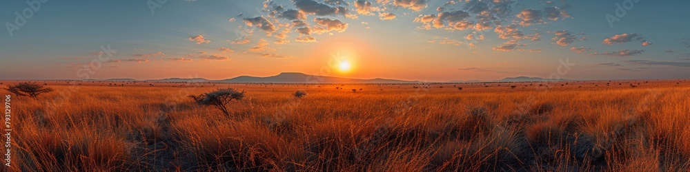 A scenic rural landscape with golden fields at sunset, showcasing agriculture and nature.