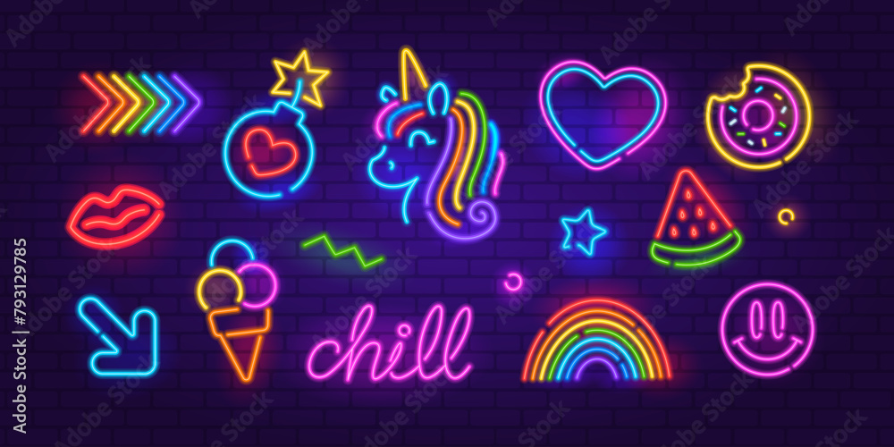 Perfect Neon Sign set 4 on brick wall background. Editable neon icons set of Ranbow, Unicorn, Pop Art, sign, Ice Cream, Arrow, etc. Neon night sign, a glowing light banner, emblem for club or bar
