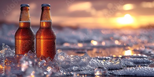 At the serene beach at sunset, a cold bottle of beer sits on the sand, against the backdrop of the rolling waves. photo