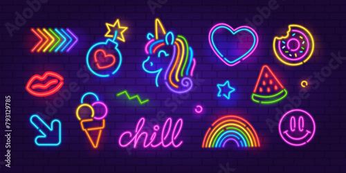 Perfect Neon Sign set 4 on brick wall background. Editable neon icons set of Ranbow, Unicorn, Pop Art, sign, Ice Cream, Arrow, etc. Neon night sign, a glowing light banner, emblem for club or bar