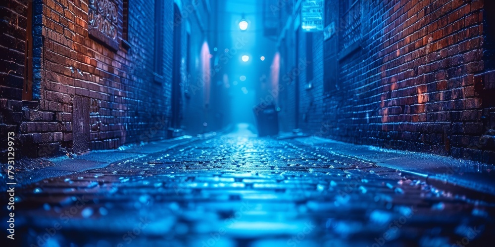 A haunting urban night with a dimly lit, narrow street with rain-slicked pavement. - obrazy, fototapety, plakaty 